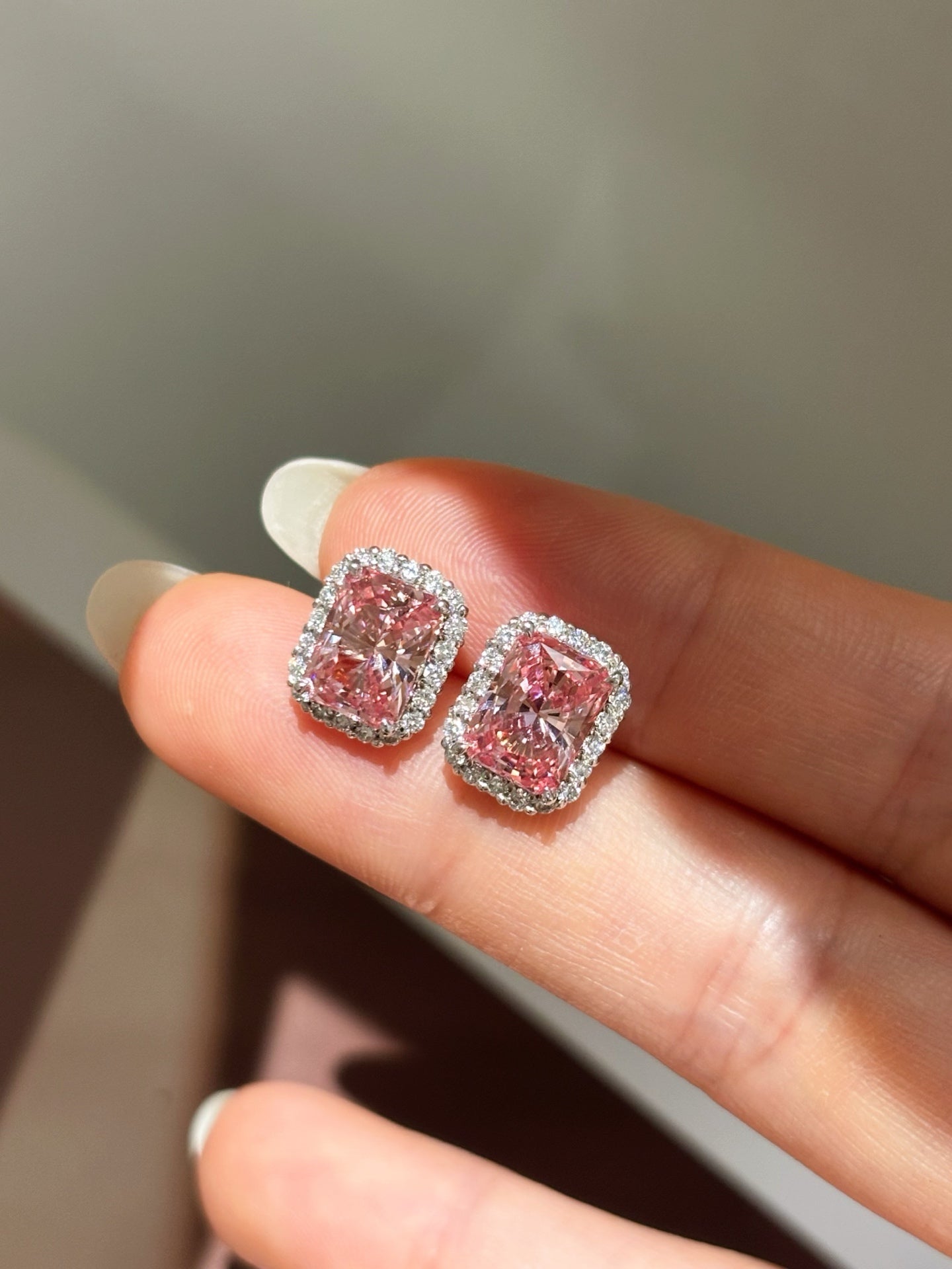 Radiant-Cut Lab-Grown Pink Diamond Halo Stud Earrings | Platinum