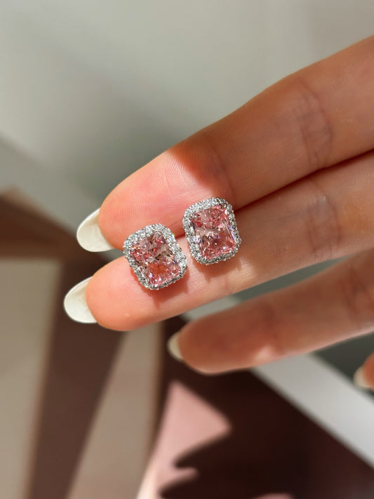 Radiant-Cut Lab-Grown Pink Diamond Halo Stud Earrings | Platinum
