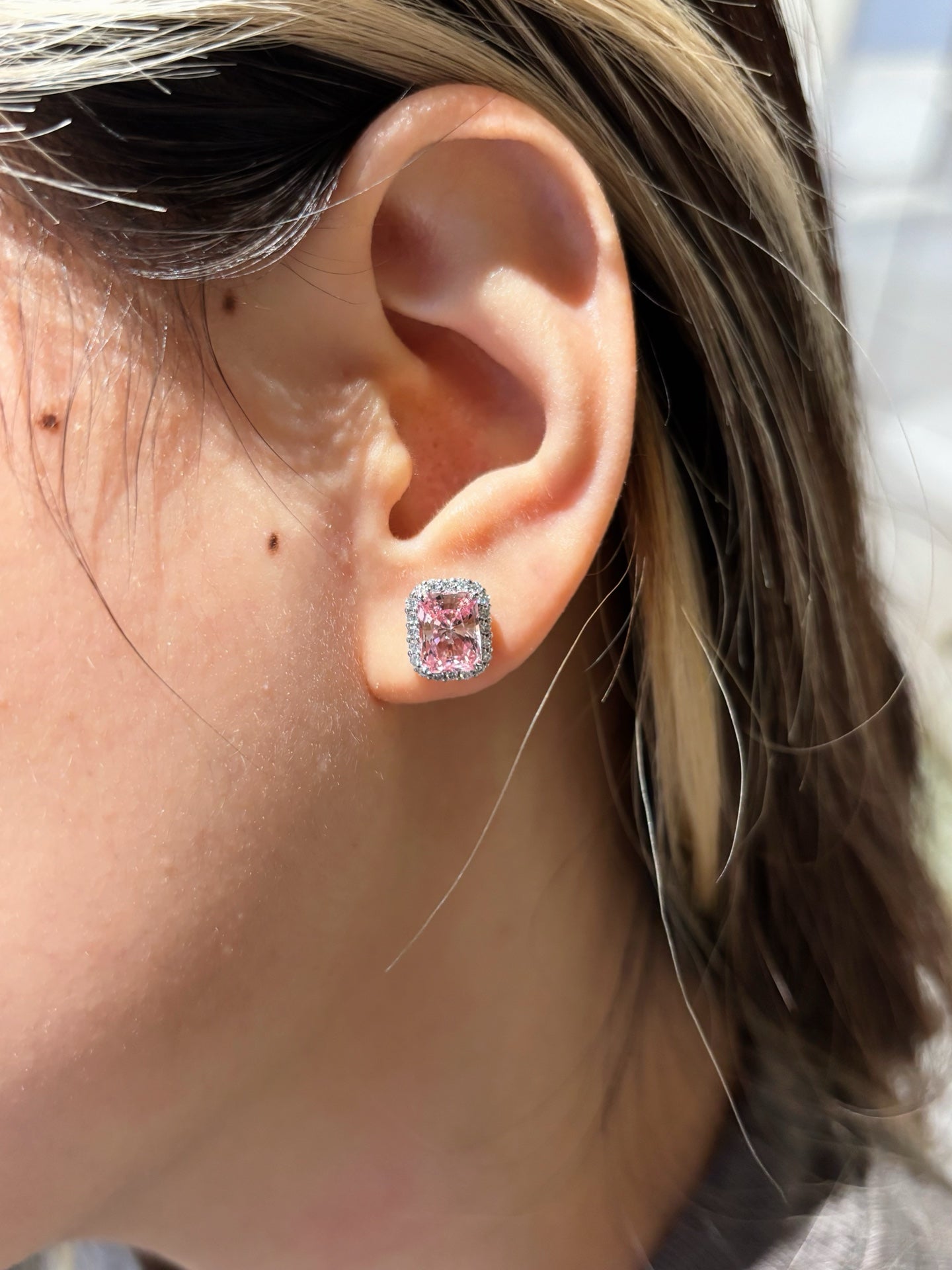 Radiant-Cut Lab-Grown Pink Diamond Halo Stud Earrings | Platinum