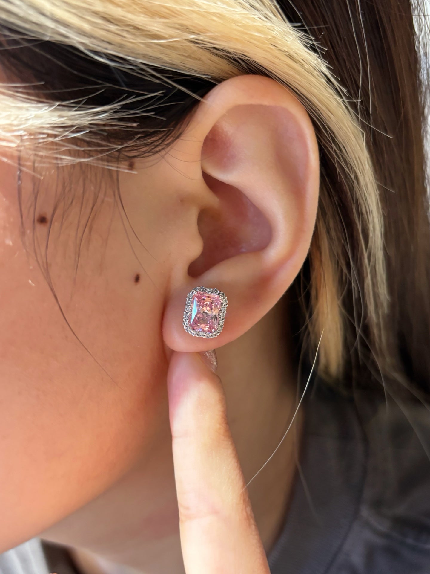 Radiant-Cut Lab-Grown Pink Diamond Halo Stud Earrings | Platinum