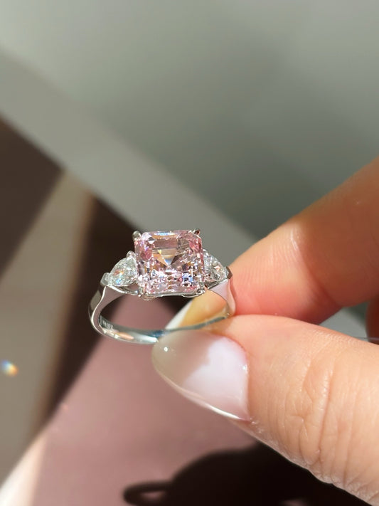 3.64 Carat Asscher-Cut Lab-Grown Pink Diamond Three-Stone Engagement Ring | 18K Gold
