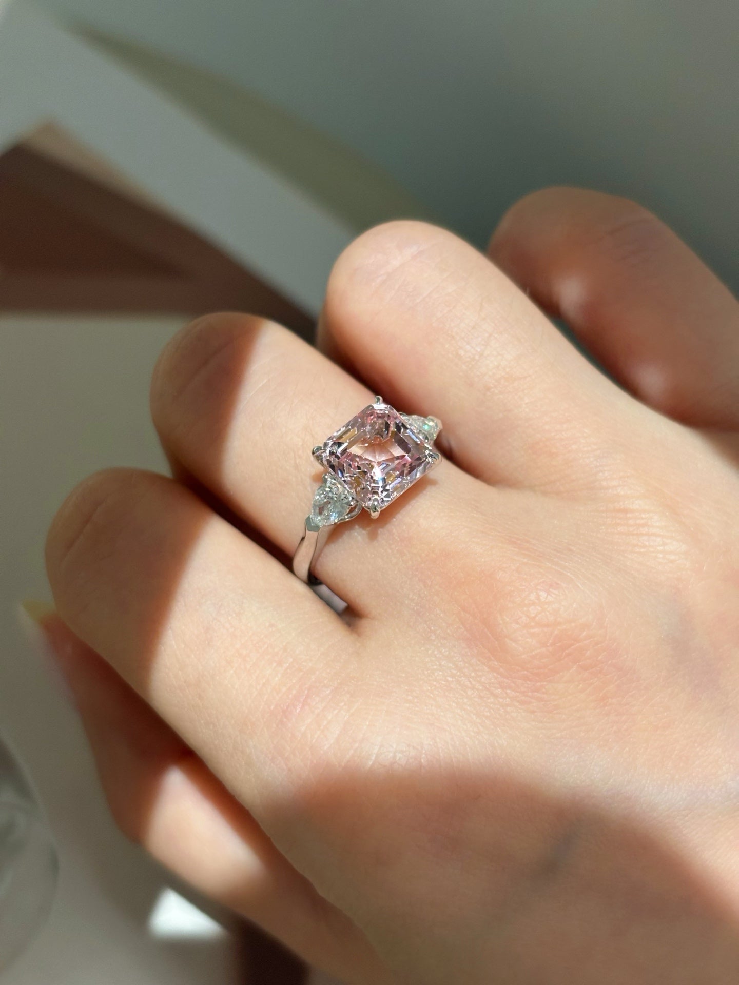 3.64 Carat Asscher-Cut Lab-Grown Pink Diamond Three-Stone Engagement Ring | 18K Gold