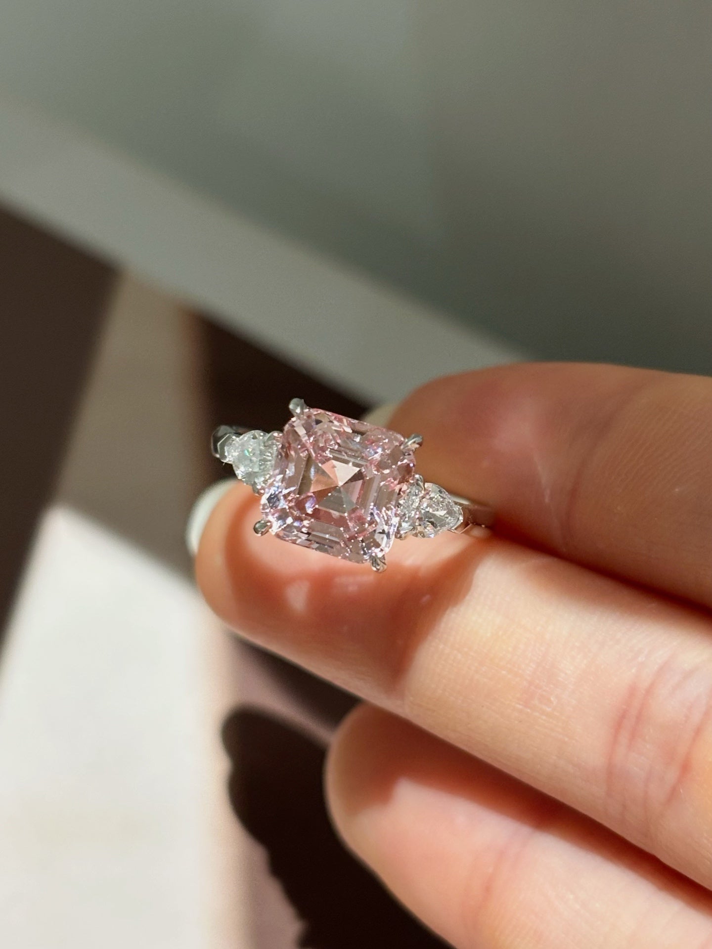 3.64 Carat Asscher-Cut Lab-Grown Pink Diamond Three-Stone Engagement Ring | 18K Gold