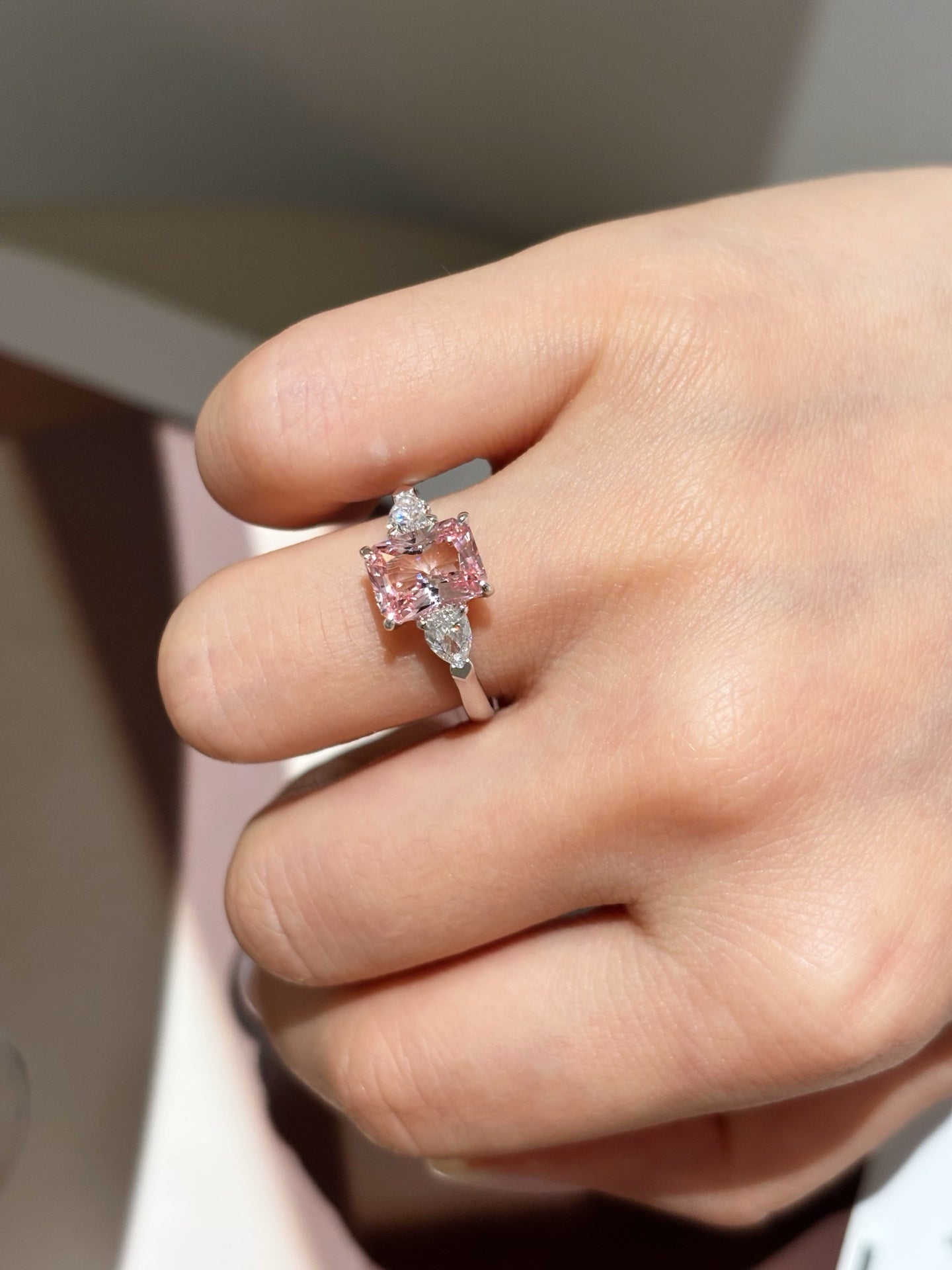 2 carat Radiant-Cut Lab-Grown Pink Diamond Three-Stone Engagement Ring | 18K Gold