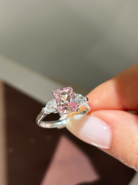 2 carat Radiant-Cut Lab-Grown Pink Diamond Three-Stone Engagement Ring | 18K Gold