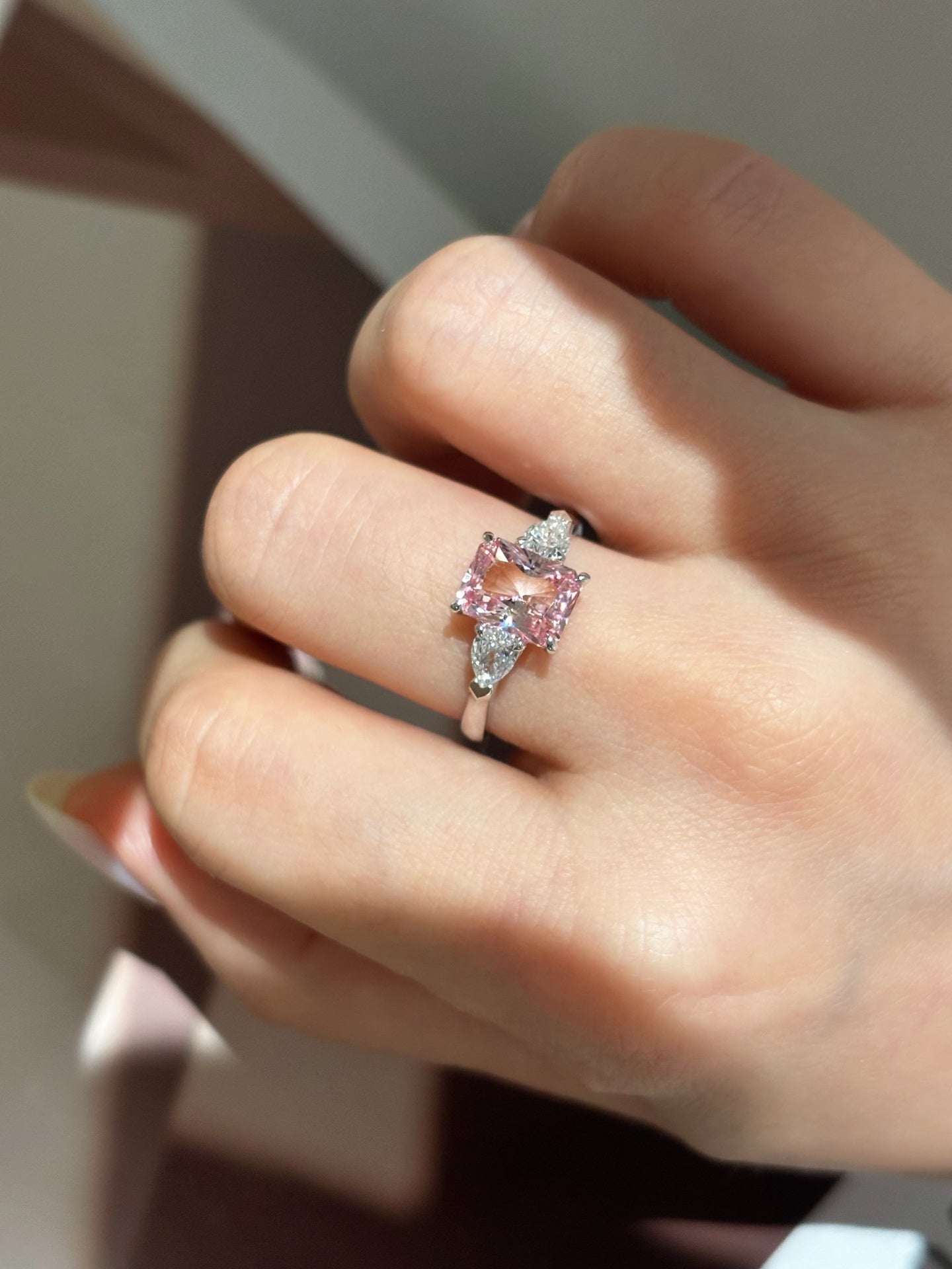 2 carat Radiant-Cut Lab-Grown Pink Diamond Three-Stone Engagement Ring | 18K Gold