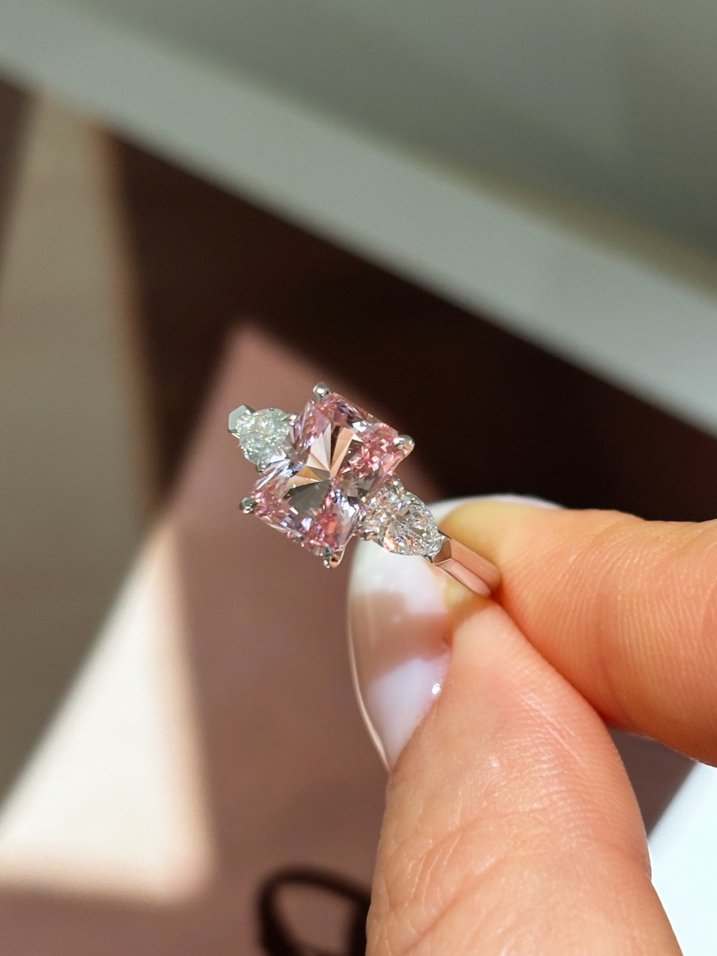 2 carat Radiant-Cut Lab-Grown Pink Diamond Three-Stone Engagement Ring | 18K Gold