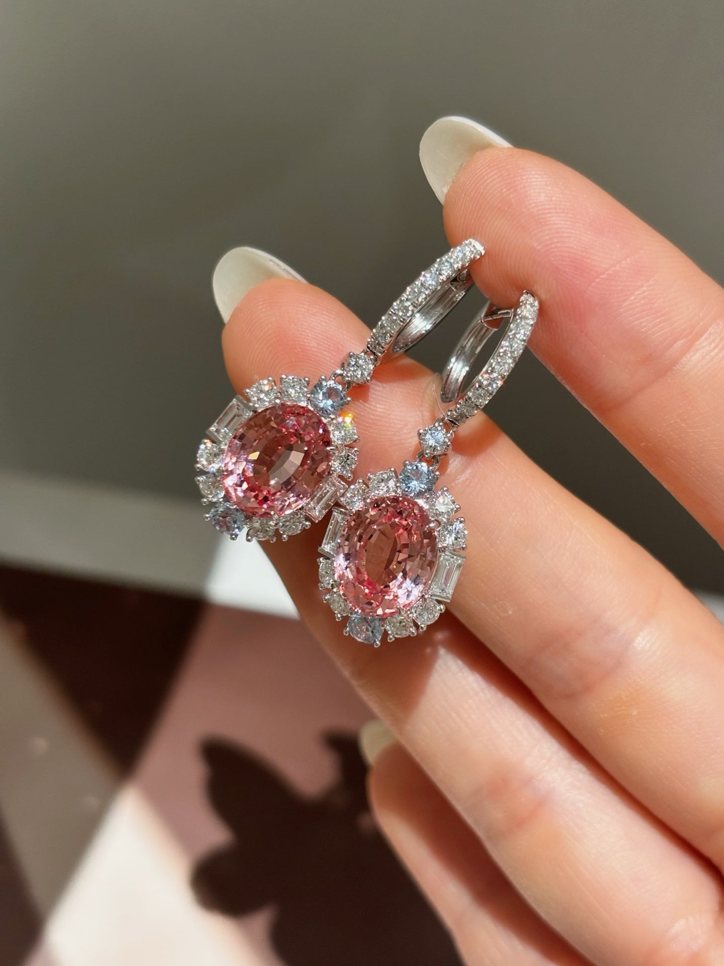 Oval-Cut Pink Lab-Grown Diamond Halo Drop Hoop Earrings| 18K Gold