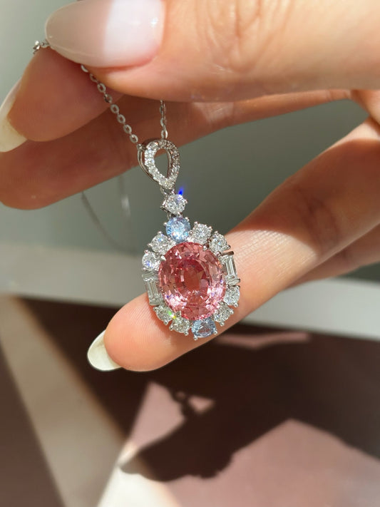 Oval-Cut Pink Lab-Grown Diamond Halo Pendant Necklace | 18K Gold