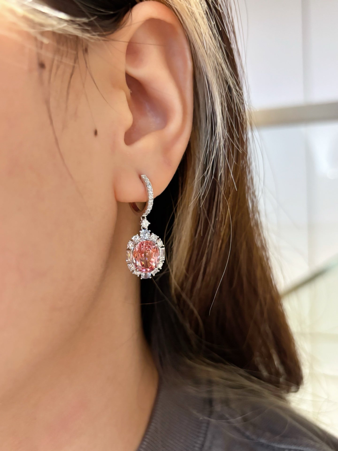 Oval-Cut Pink Lab-Grown Diamond Halo Drop Hoop Earrings| 18K Gold