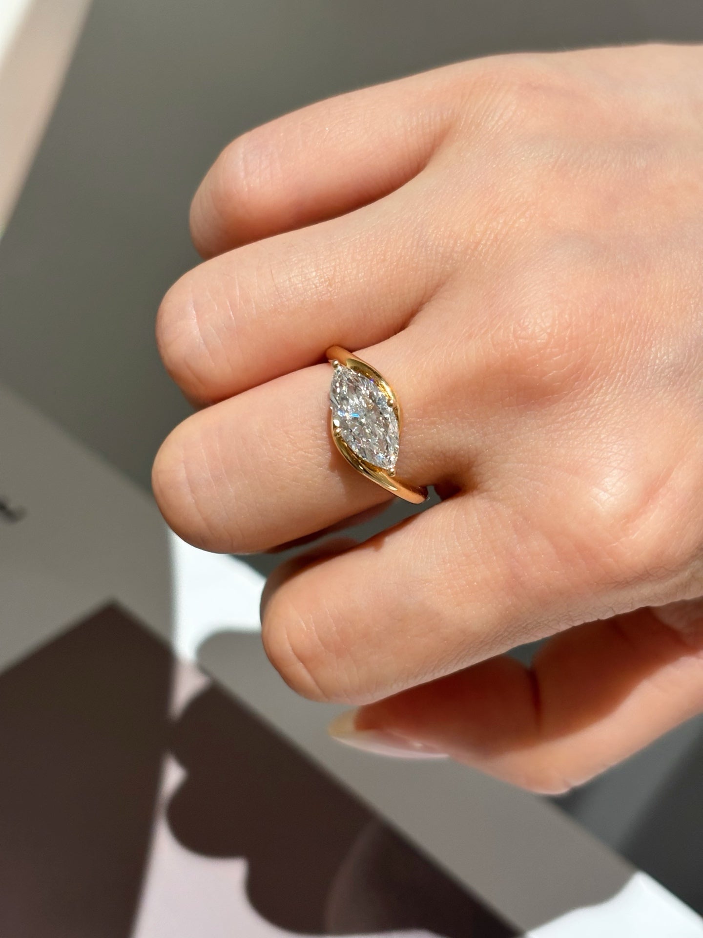 Marquise Cut Lab Grown Diamond Solitaire Engagement Ring | Modern Wrap | 18K Gold