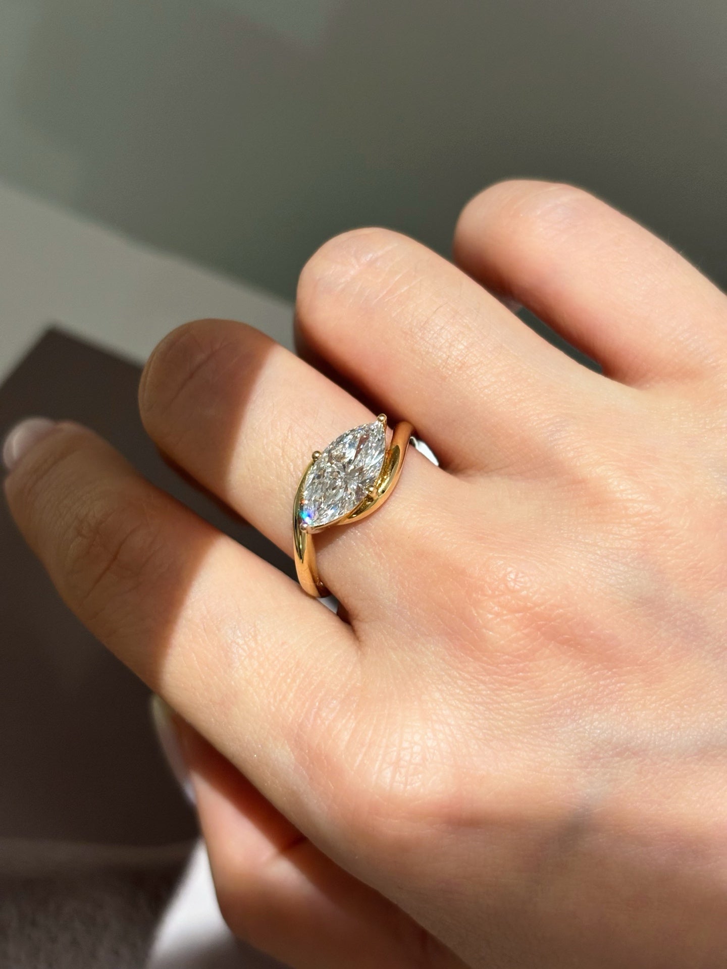 Marquise Cut Lab Grown Diamond Solitaire Engagement Ring | Modern Wrap | 18K Gold
