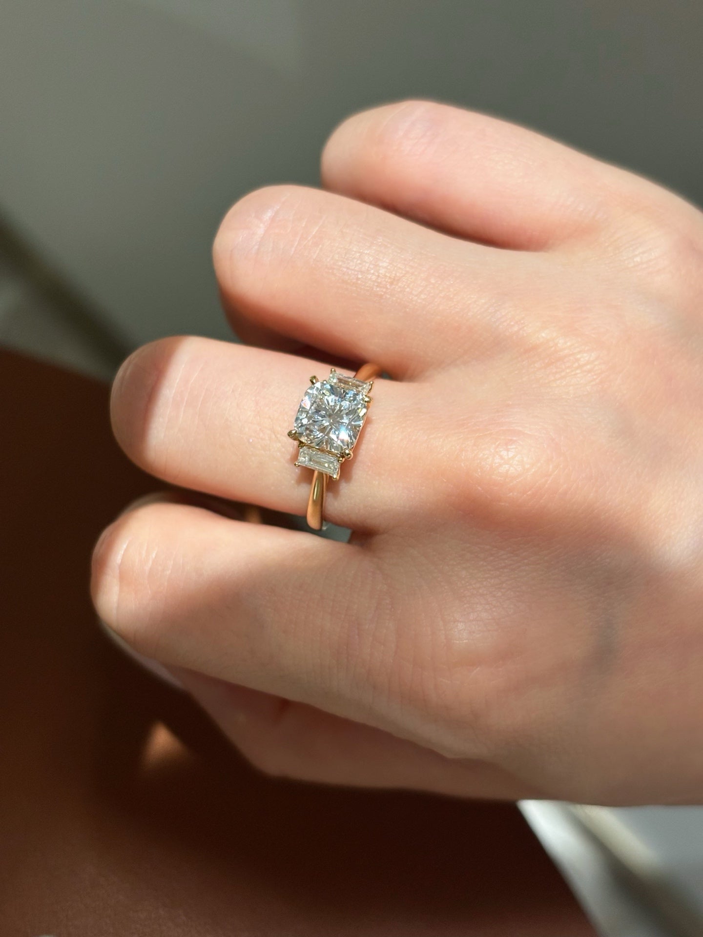 Cushion Cut Lab Grown Diamond Three-Stone Engagement Ring | Baguette Accents | 18K Gold