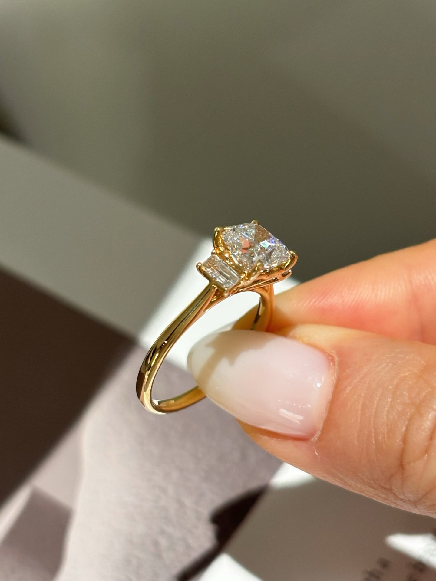Cushion Cut Lab Grown Diamond Three-Stone Engagement Ring | Baguette Accents | 18K Gold