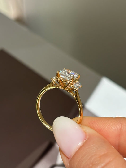 Cushion Cut Lab Grown Diamond Three-Stone Engagement Ring | Baguette Accents | 18K Gold