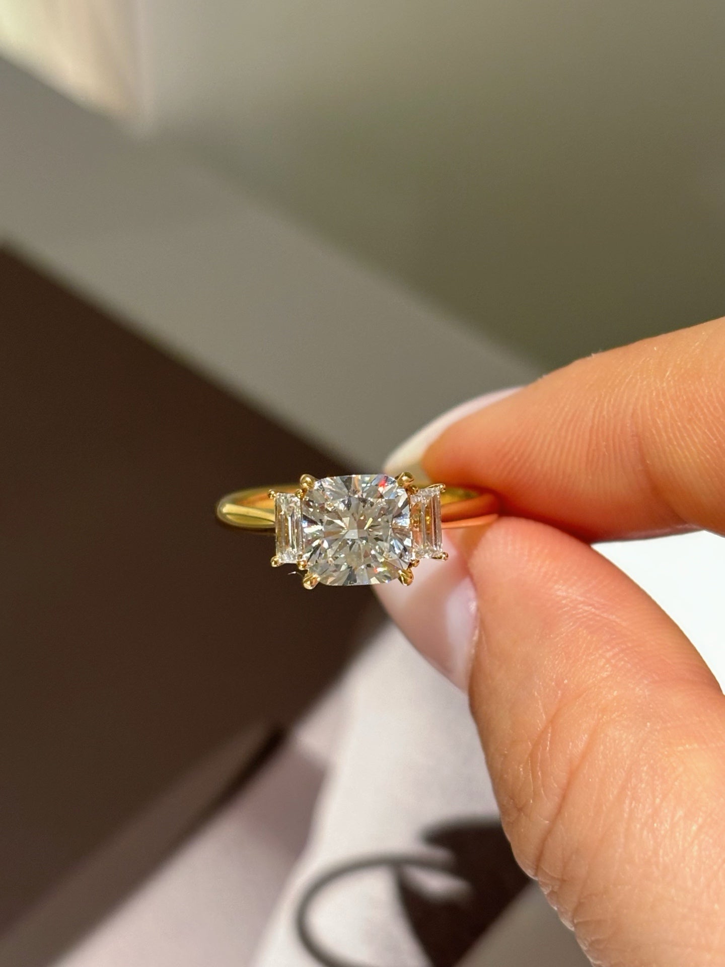 Cushion Cut Lab Grown Diamond Three-Stone Engagement Ring | Baguette Accents | 18K Gold