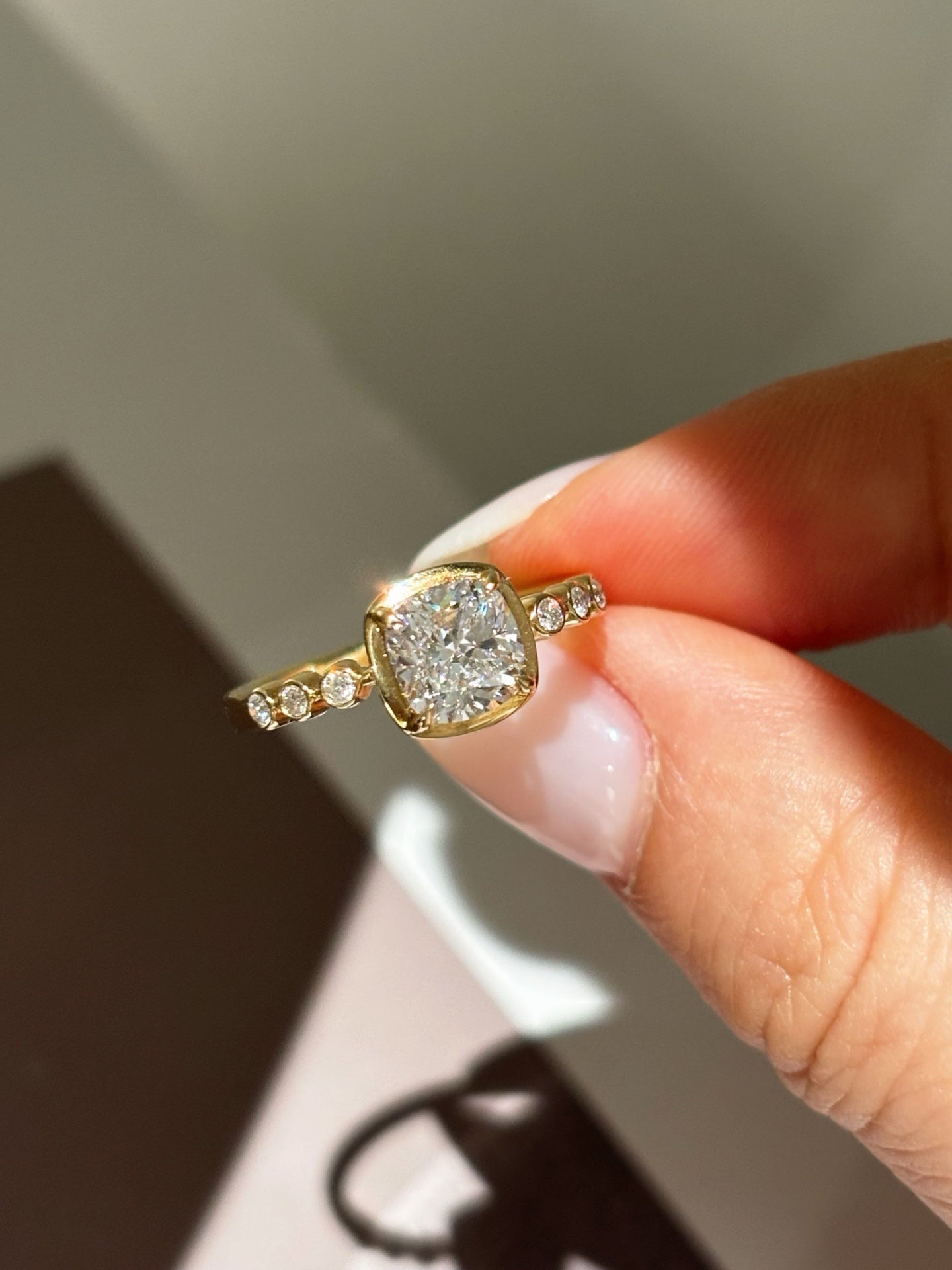 1.52 Carat Bezel-Set Cushion Lab Diamond Ring | Everyday Pavé Fine Jewelry | 18K Gold