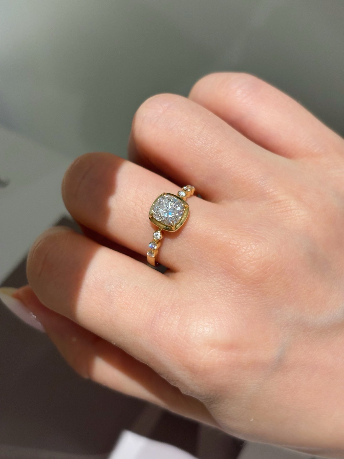 1.52 Carat Bezel-Set Cushion Lab Diamond Ring | Everyday Pavé Fine Jewelry | 18K Gold