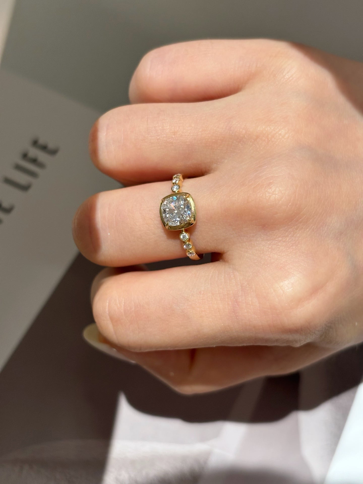 1.52 Carat Bezel-Set Cushion Lab Diamond Ring | Everyday Pavé Fine Jewelry | 18K Gold