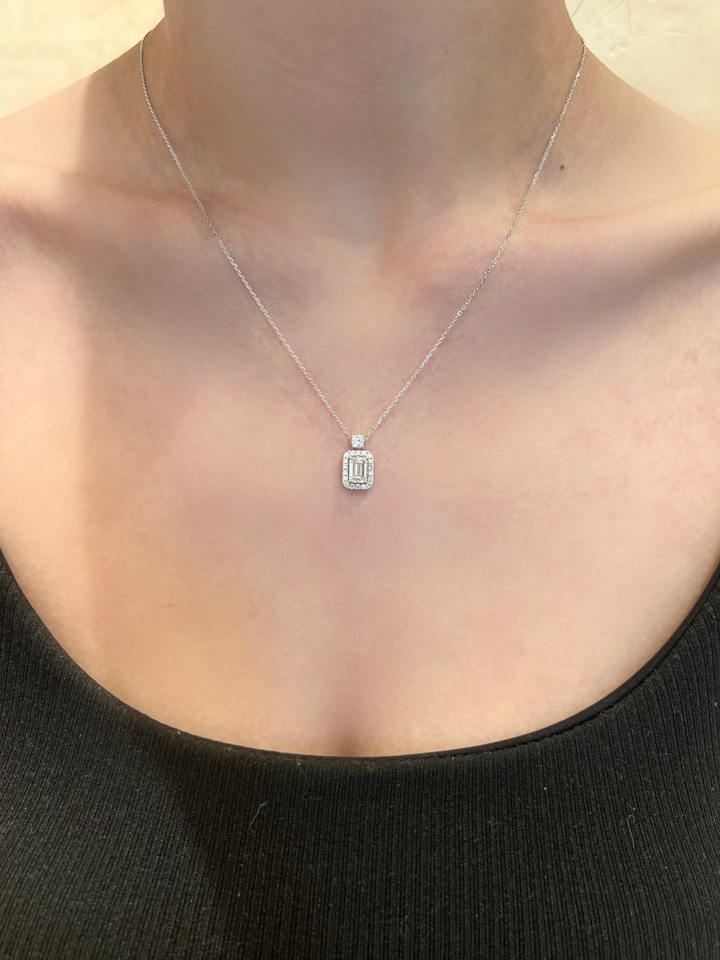 Lab-Grown Emerald-Cut Diamond Halo Pendant Necklace | 18K White Gold
