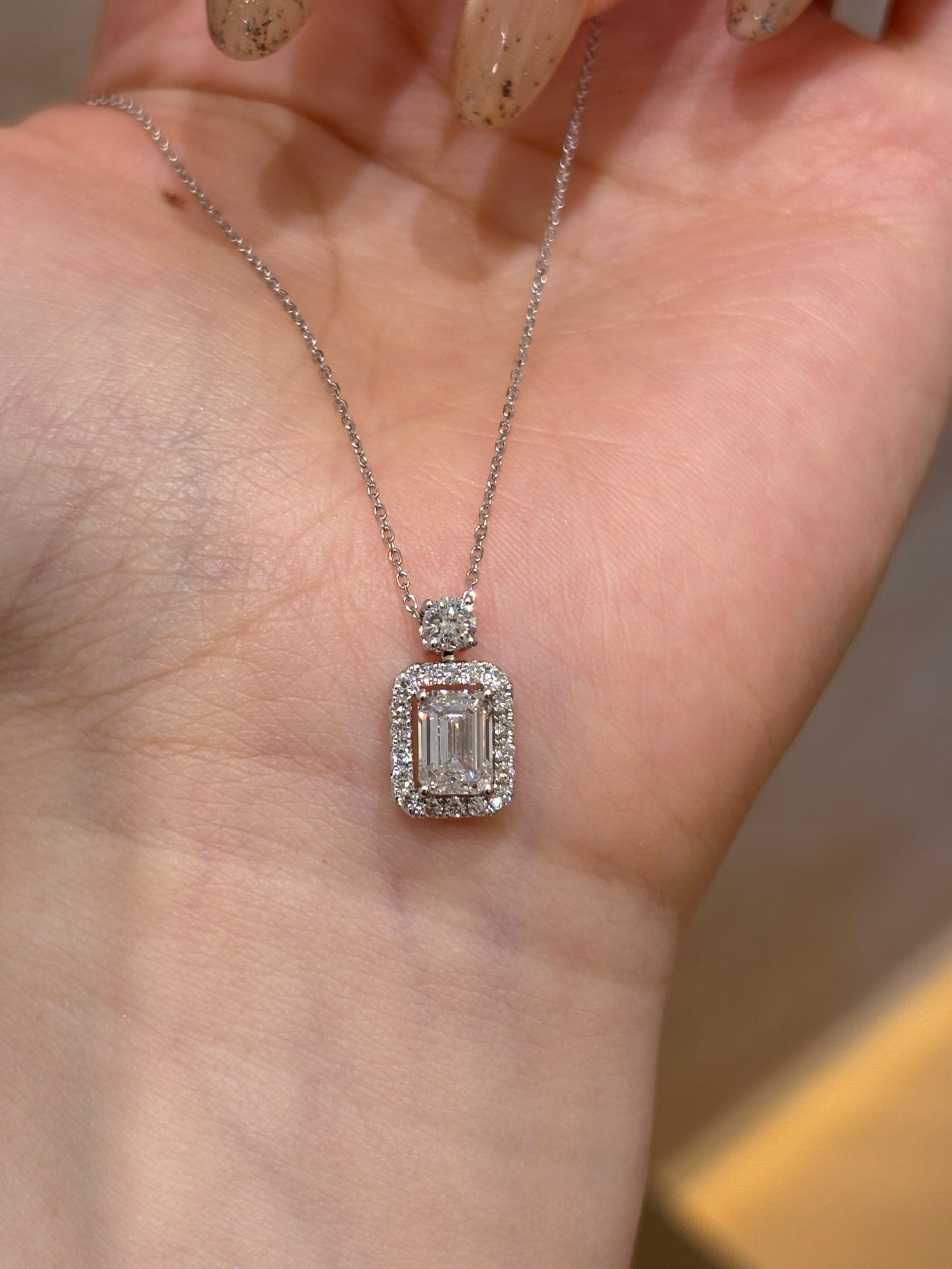 Lab-Grown Emerald-Cut Diamond Halo Pendant Necklace | 18K White Gold