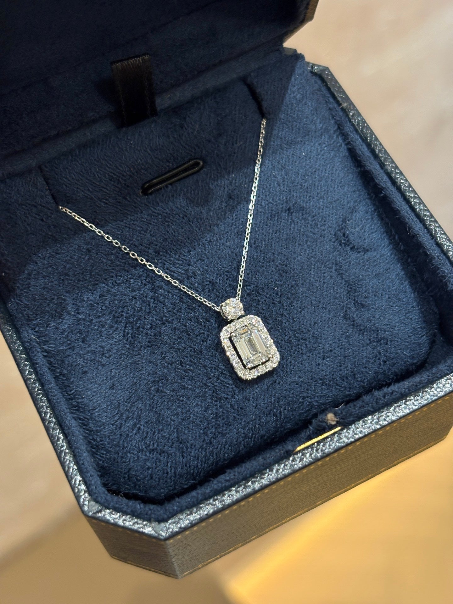 Lab-Grown Emerald-Cut Diamond Halo Pendant Necklace | 18K White Gold