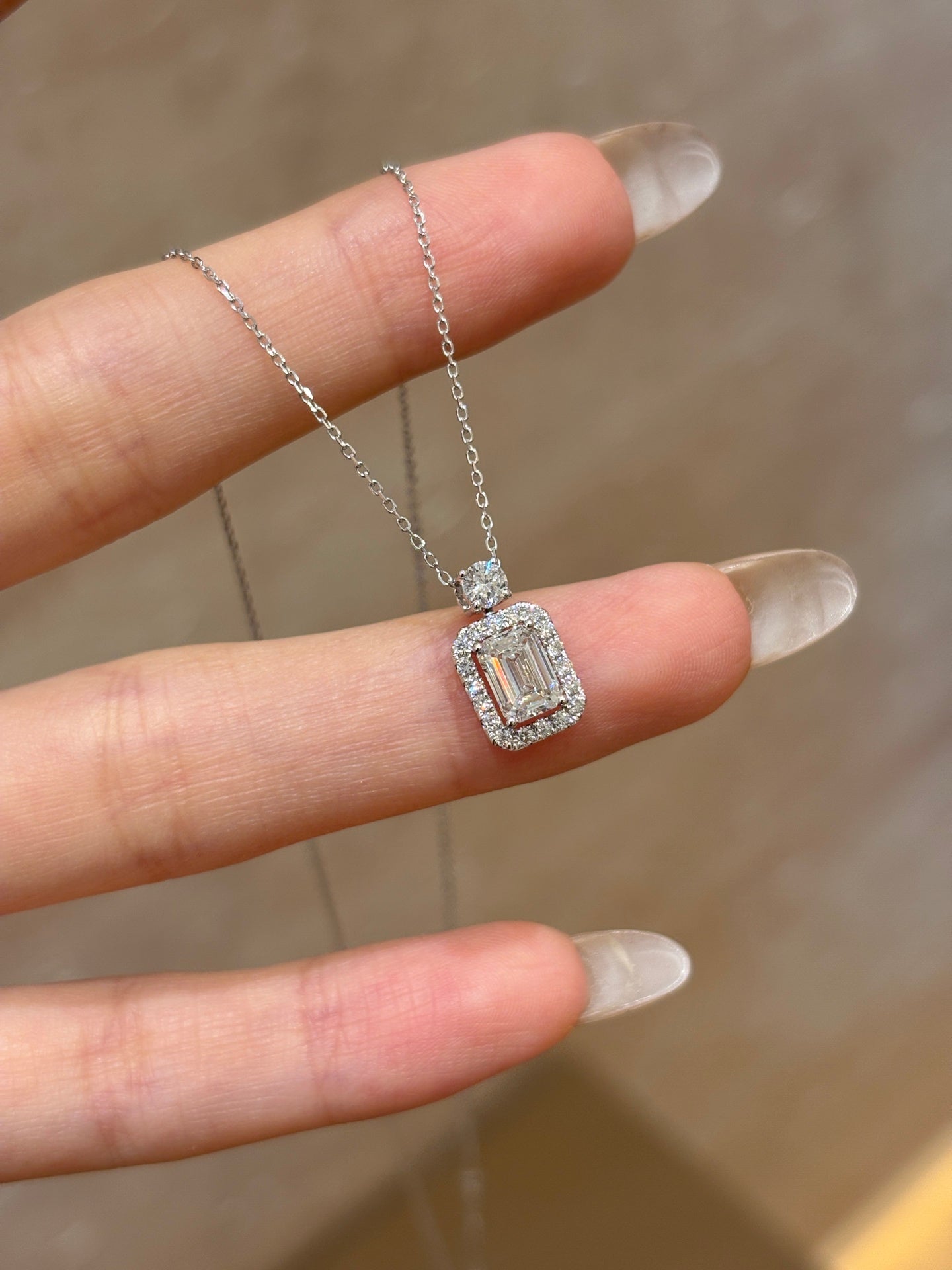 Lab-Grown Emerald-Cut Diamond Halo Pendant Necklace | 18K White Gold