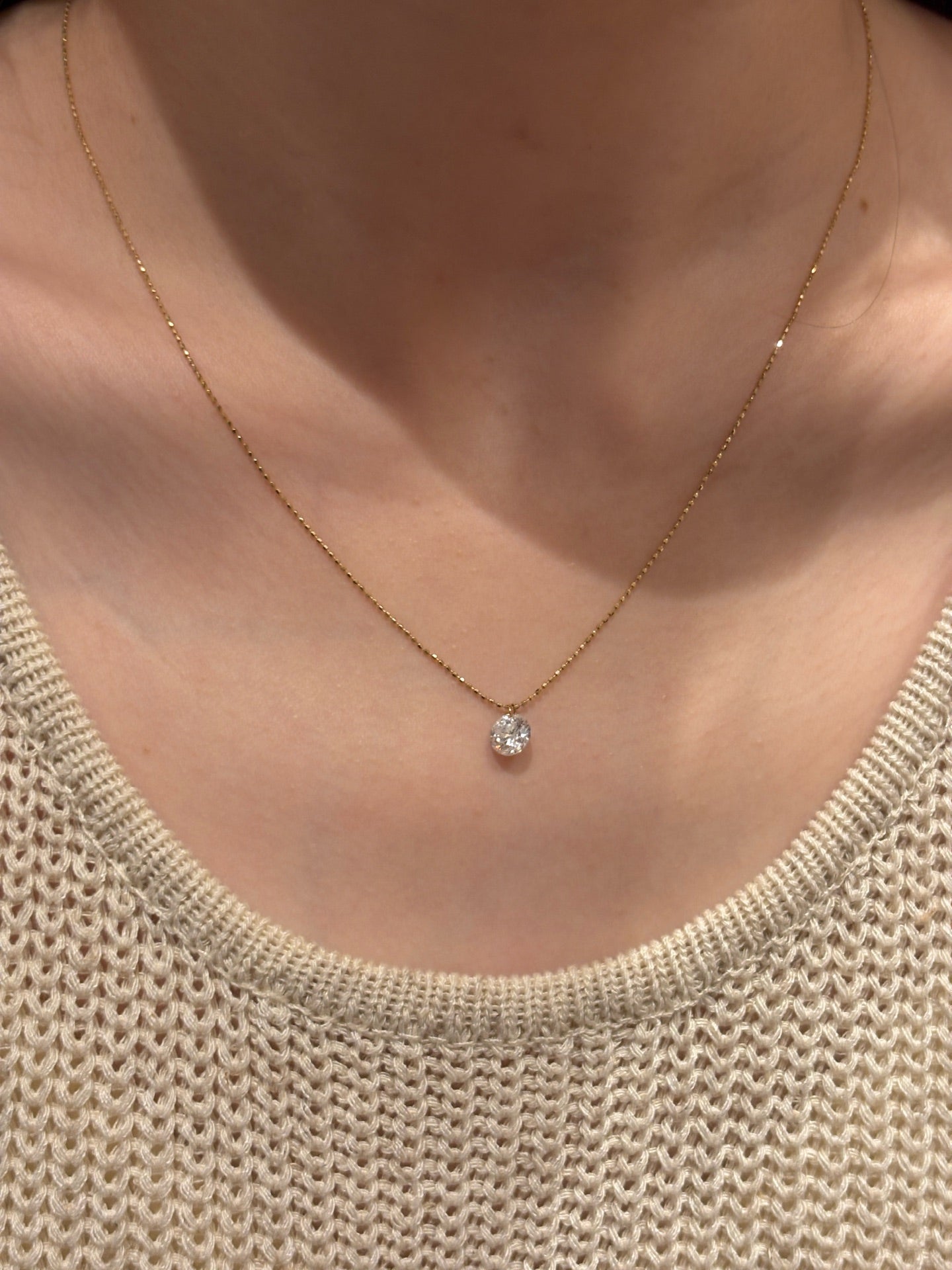 Lab-Grown Diamond Solitaire Pendant Necklace | Beaded Chain | 18K Gold