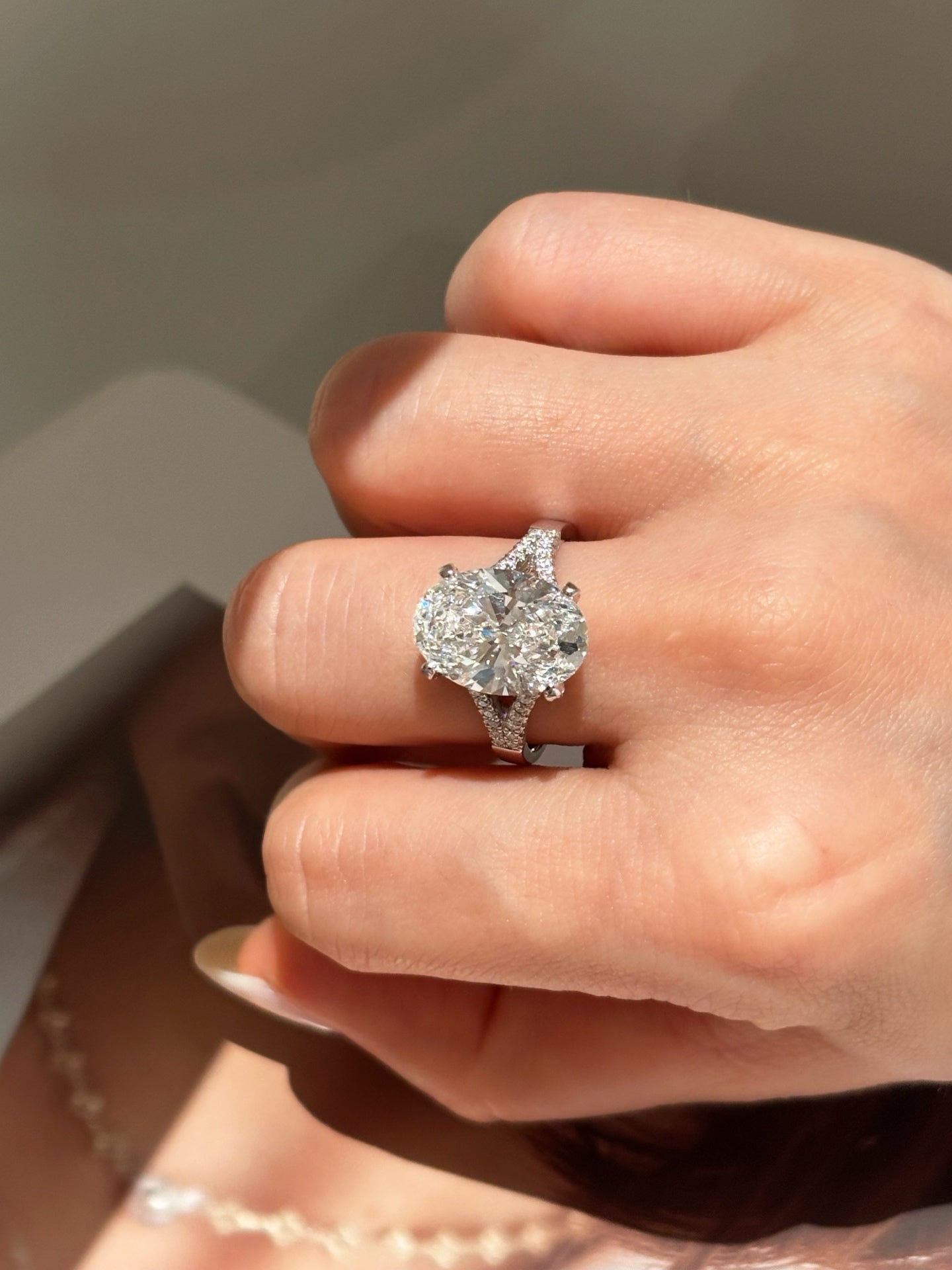 5ct Oval Cut Lab Grown Diamond Engagement Ring | Pave Split Shank | Platinum