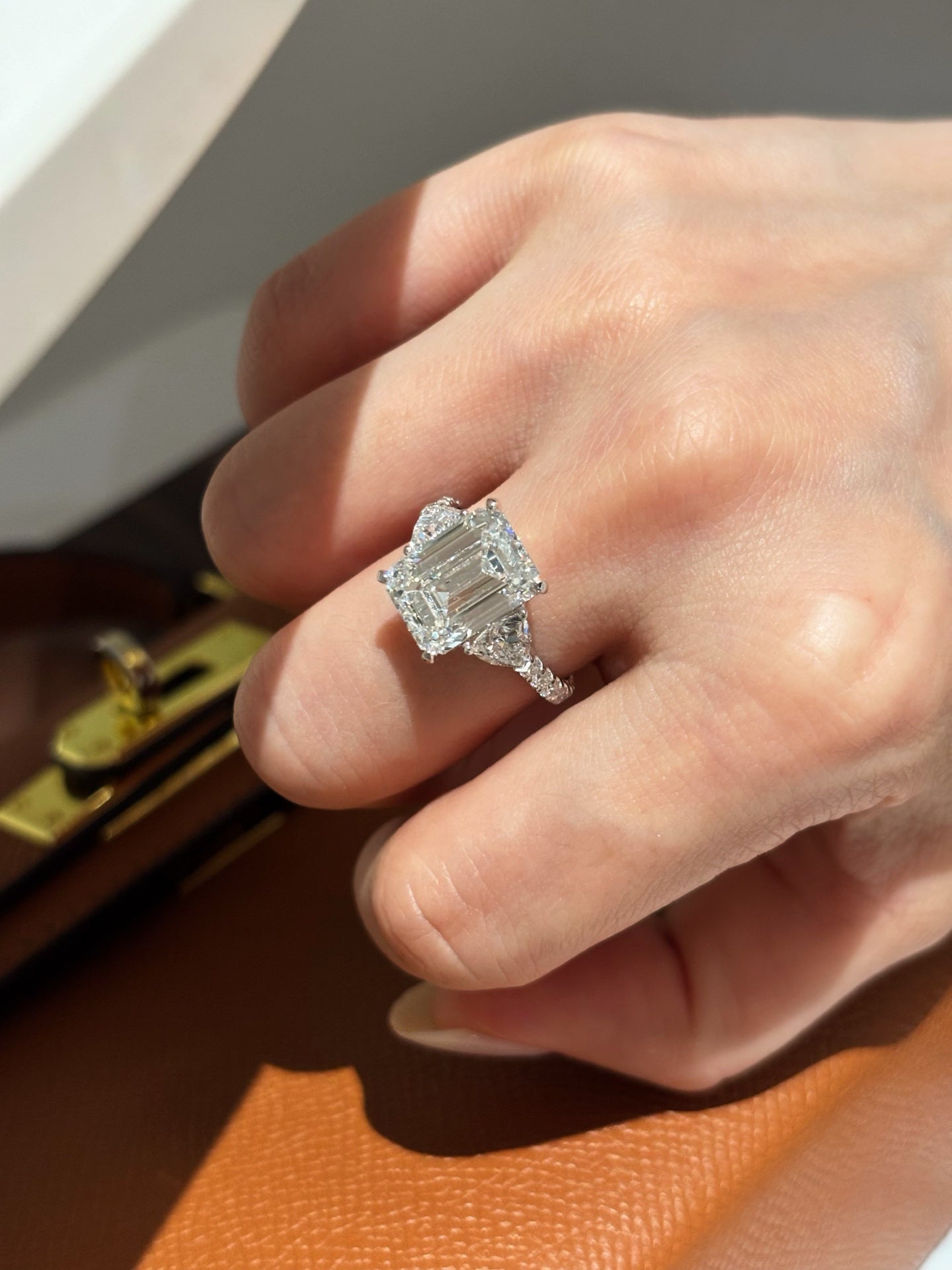 2ct Emerald Cut Lab Grown Diamond Engagement Ring | Pear Accents & Pavé | 18K Gold