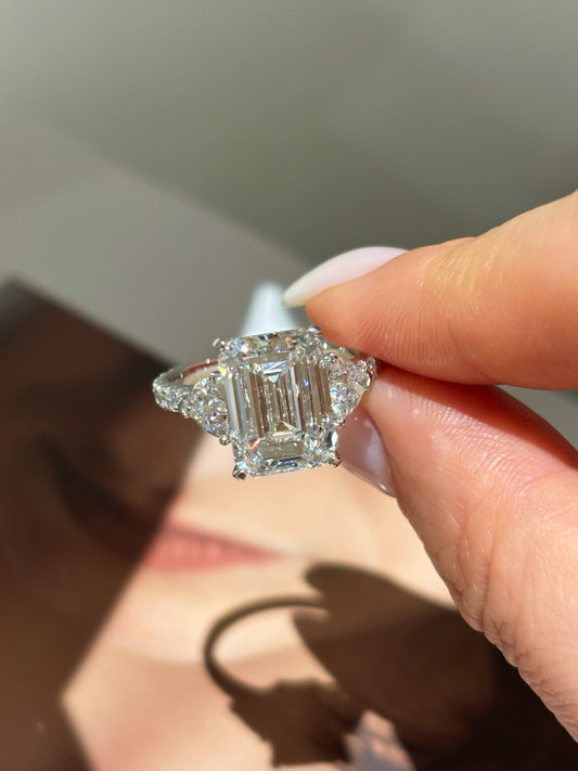 2ct Emerald Cut Lab Grown Diamond Engagement Ring | Pear Accents & Pavé | 18K Gold
