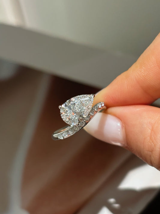 2ct Pear Cut Lab Grown Diamond Engagement Ring | Pavé Half Eternity Band | 18K Gold