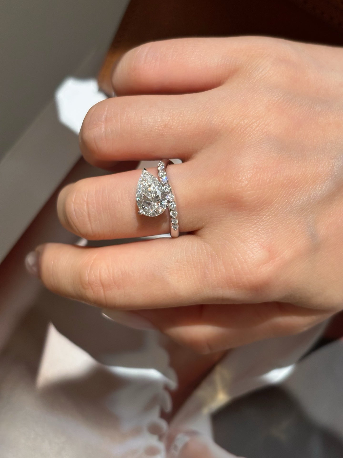 2ct Pear Cut Lab Grown Diamond Engagement Ring | Pavé Half Eternity Band | 18K Gold