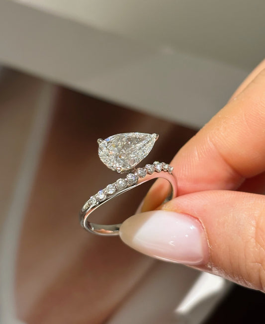 2ct Pear Cut Lab Grown Diamond Engagement Ring | Pavé Half Eternity Band | 18K Gold