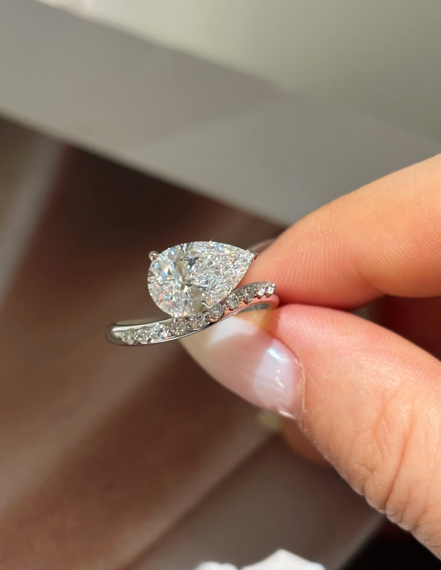 2ct Pear Cut Lab Grown Diamond Engagement Ring | Pavé Half Eternity Band | 18K Gold