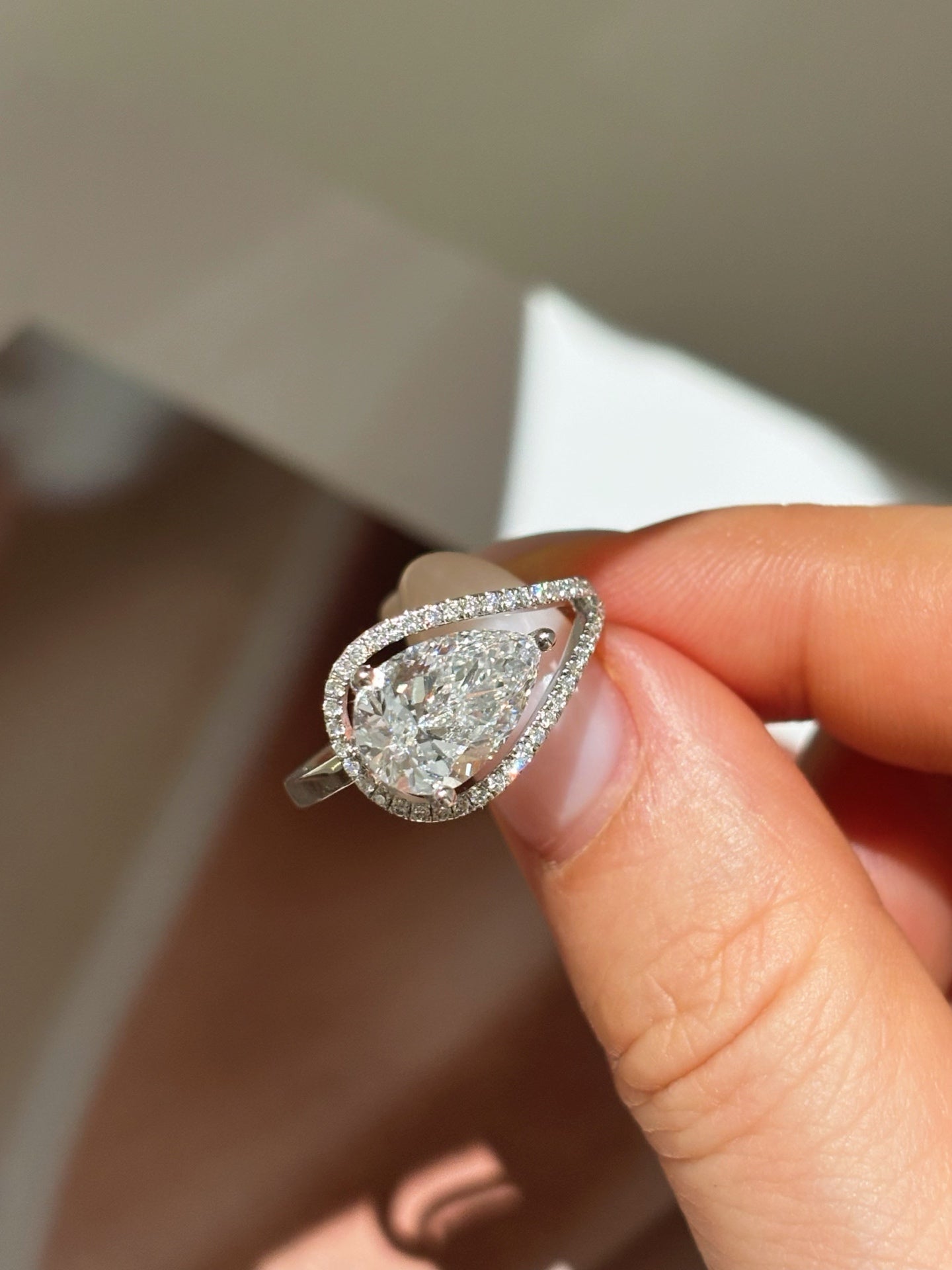 2ct Pear Cut Lab Grown Diamond Engagement Ring | Open Halo Pavé | Platinum