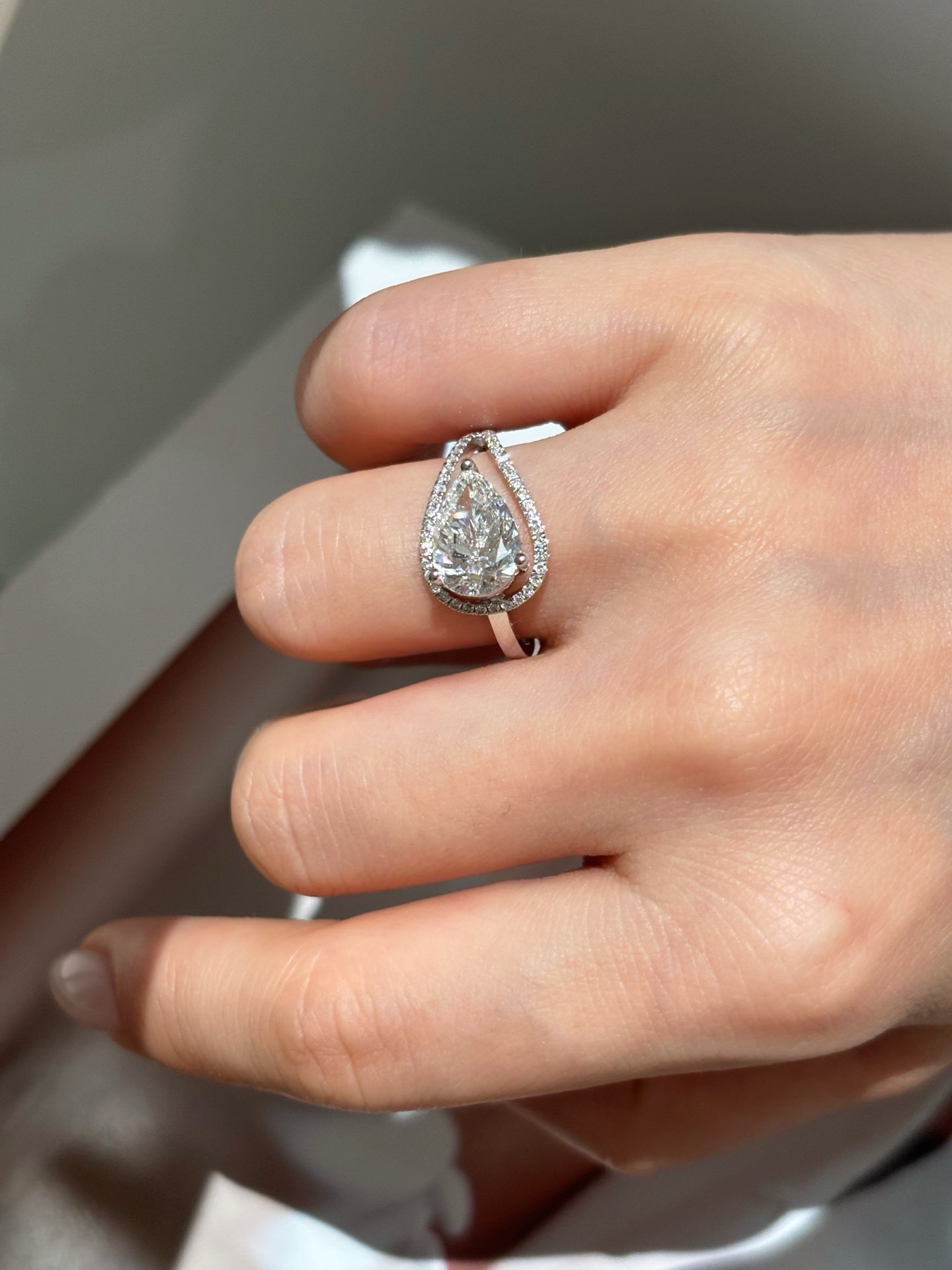 2ct Pear Cut Lab Grown Diamond Engagement Ring | Open Halo Pavé | Platinum