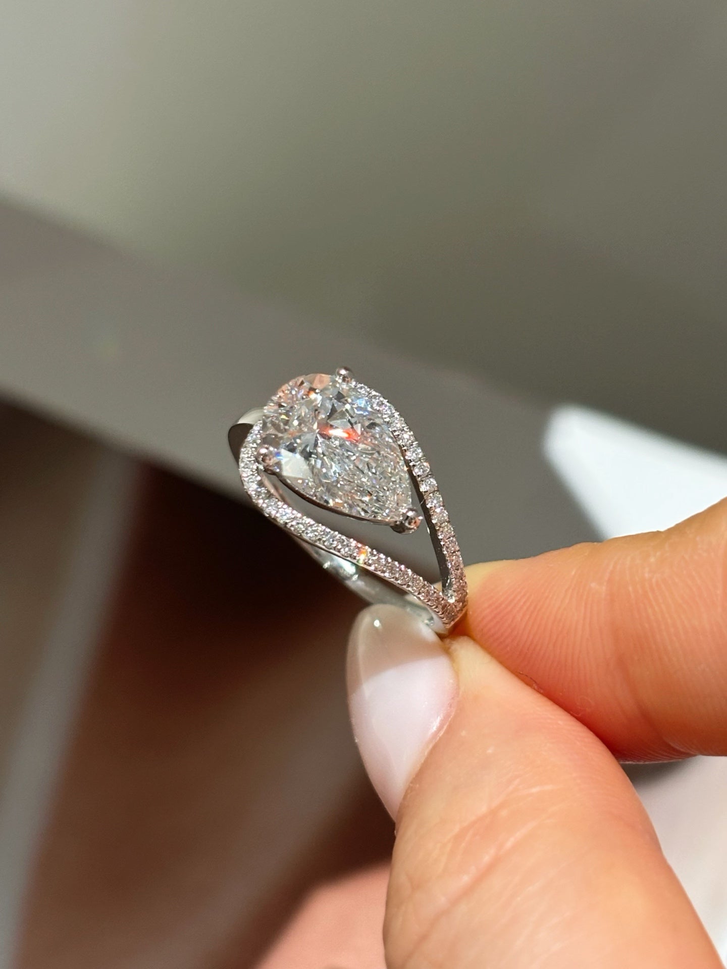 2ct Pear Cut Lab Grown Diamond Engagement Ring | Open Halo Pavé | Platinum
