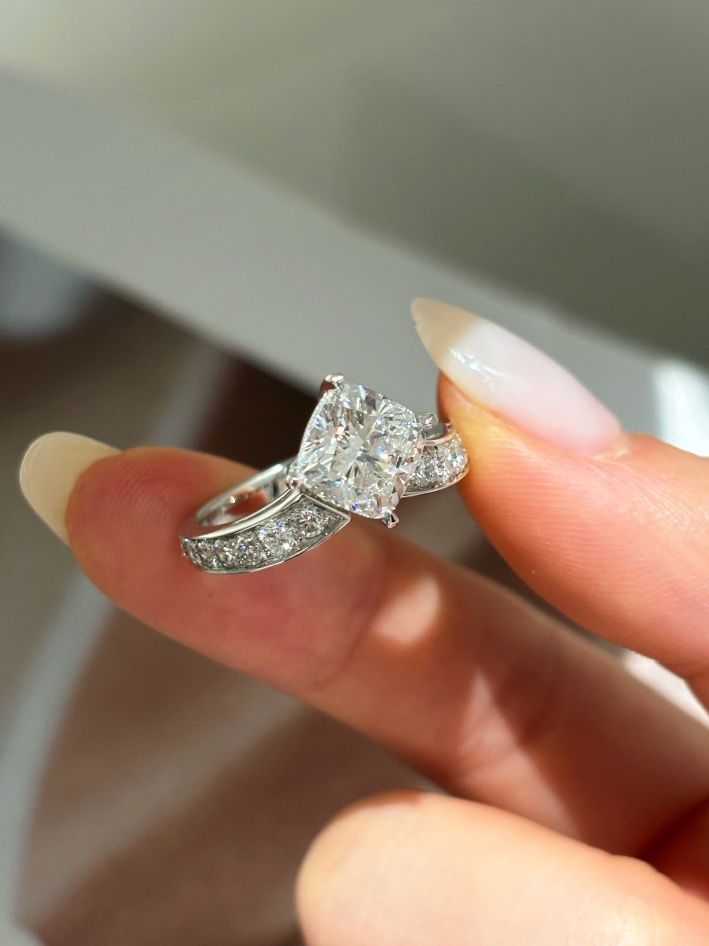 2ct Cushion Cut Lab Grown Diamond Engagement Ring | Channel-Set Pavé Band | Platinum