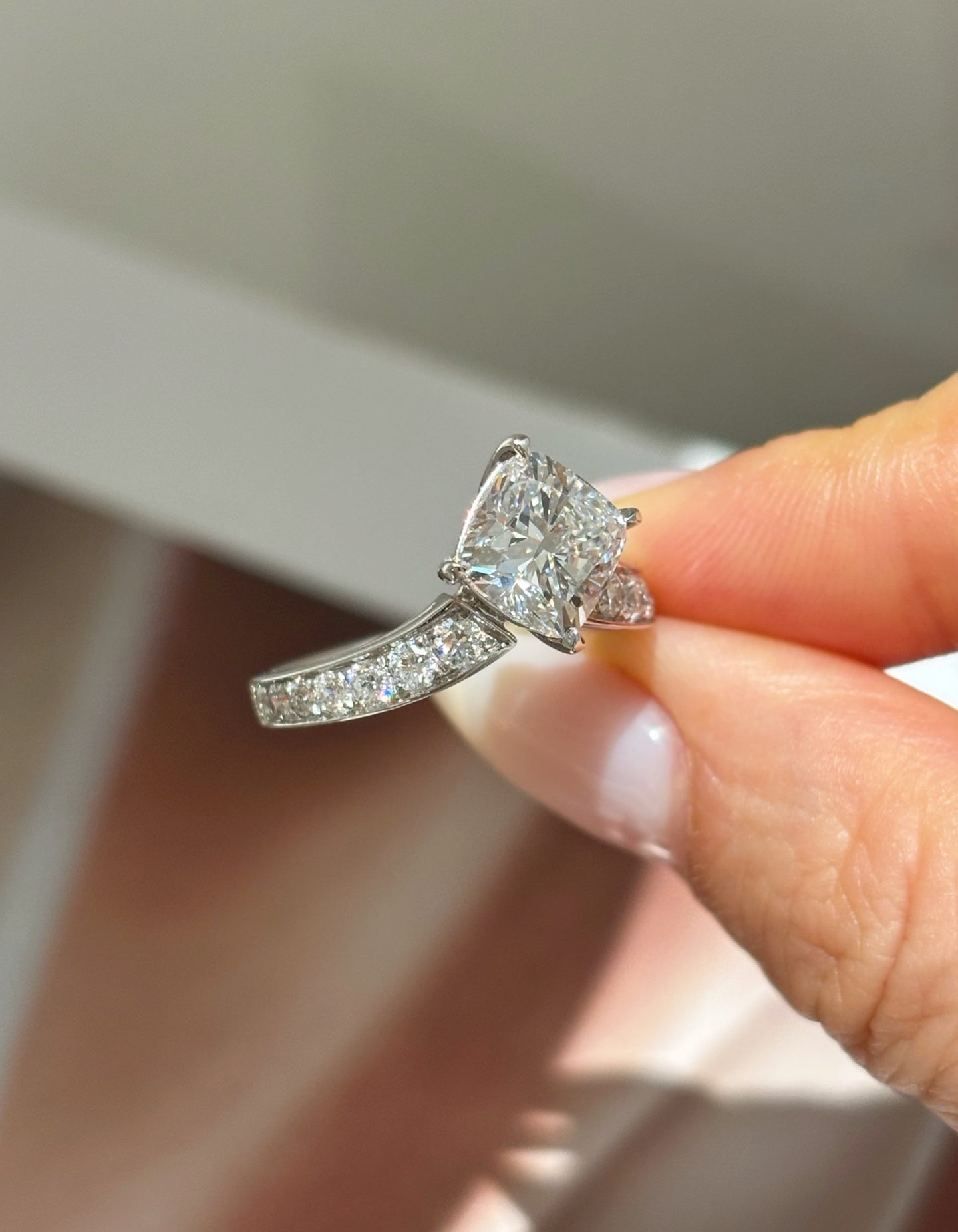 2ct Cushion Cut Lab Grown Diamond Engagement Ring | Channel-Set Pavé Band | Platinum