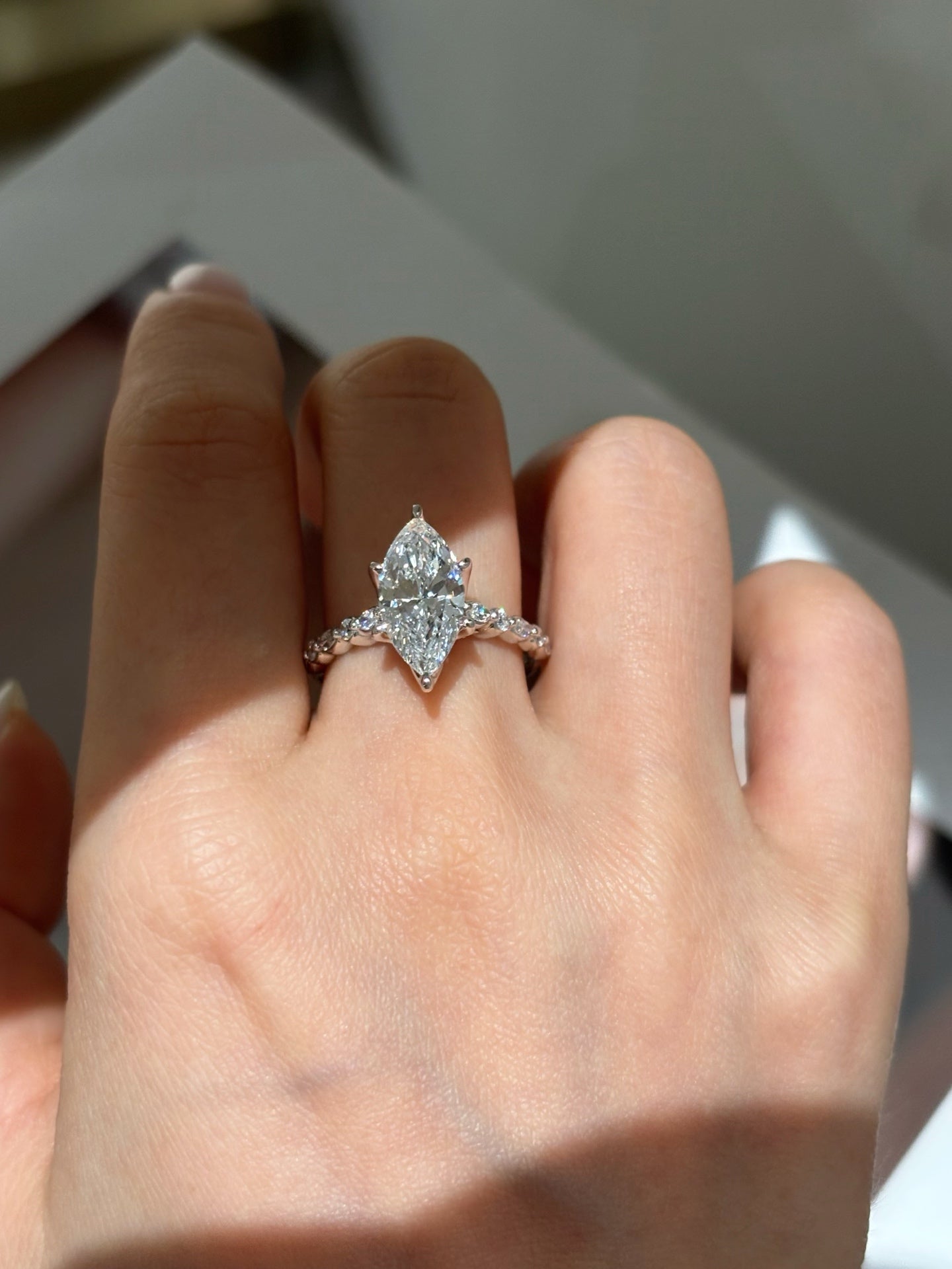 2ct Marquise Cut Lab Grown Diamond Engagement Ring | Pavé Band in Platinum