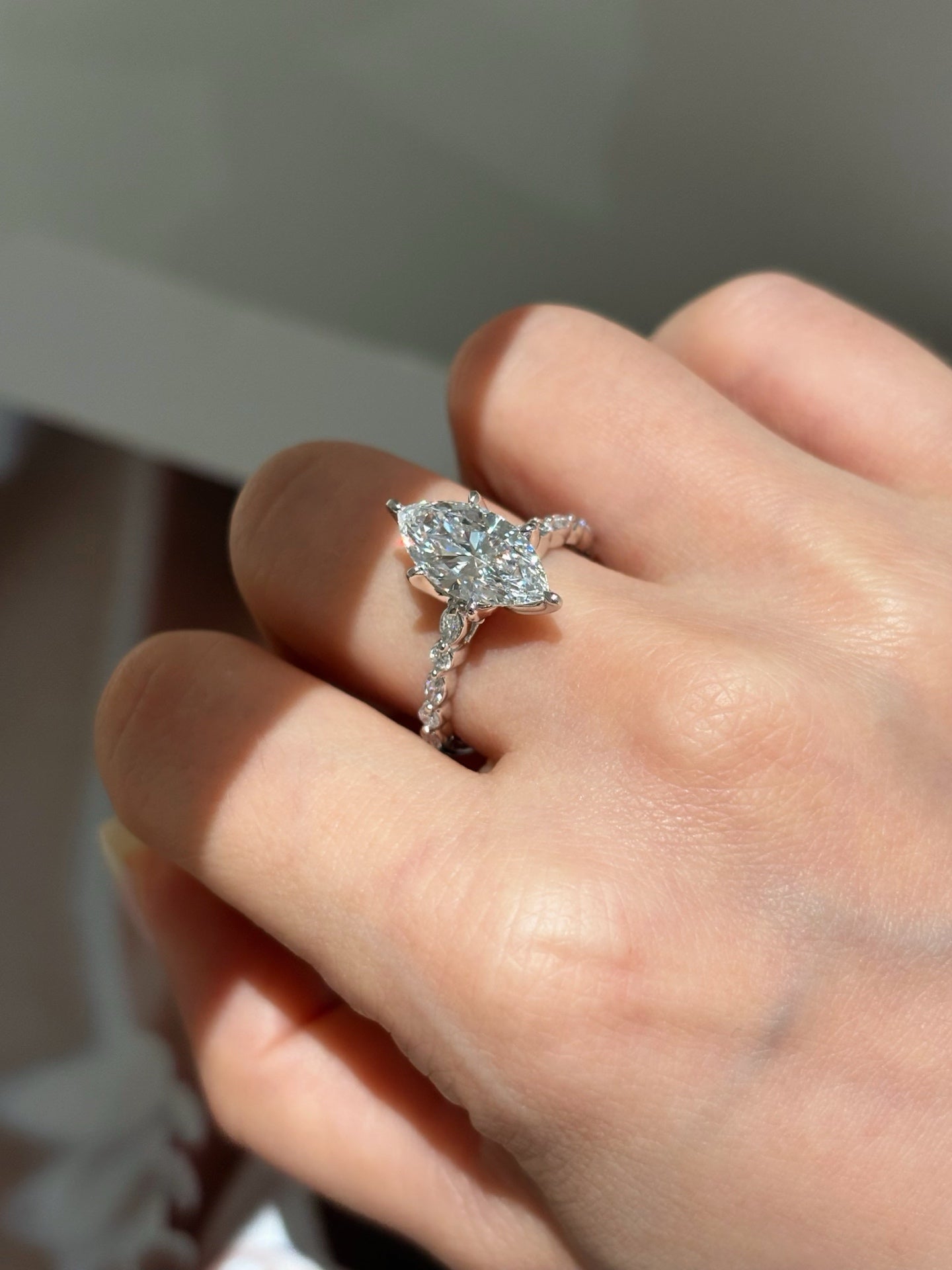 2ct Marquise Cut Lab Grown Diamond Engagement Ring | Pavé Band in Platinum