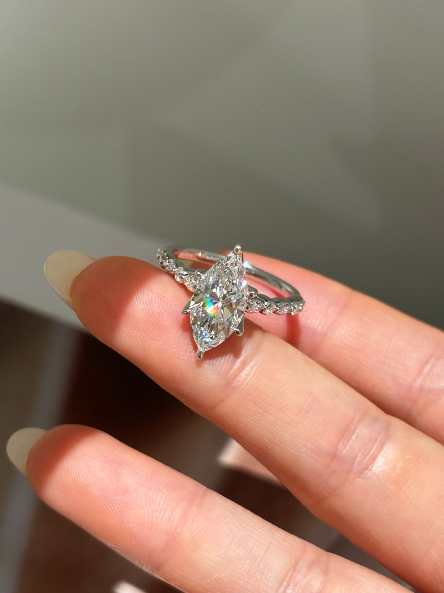 2ct Marquise Cut Lab Grown Diamond Engagement Ring | Pavé Band in Platinum