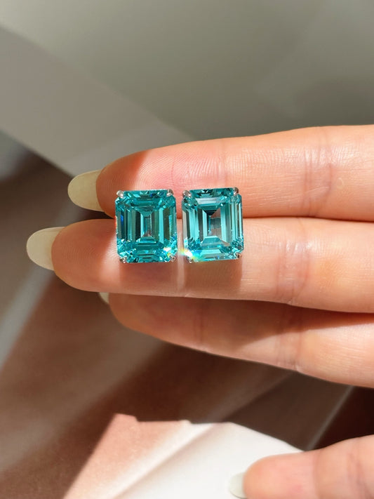 Lab-Grown Paraiba Tourmaline Style Emerald Cut Stud Earrings | 18K Gold