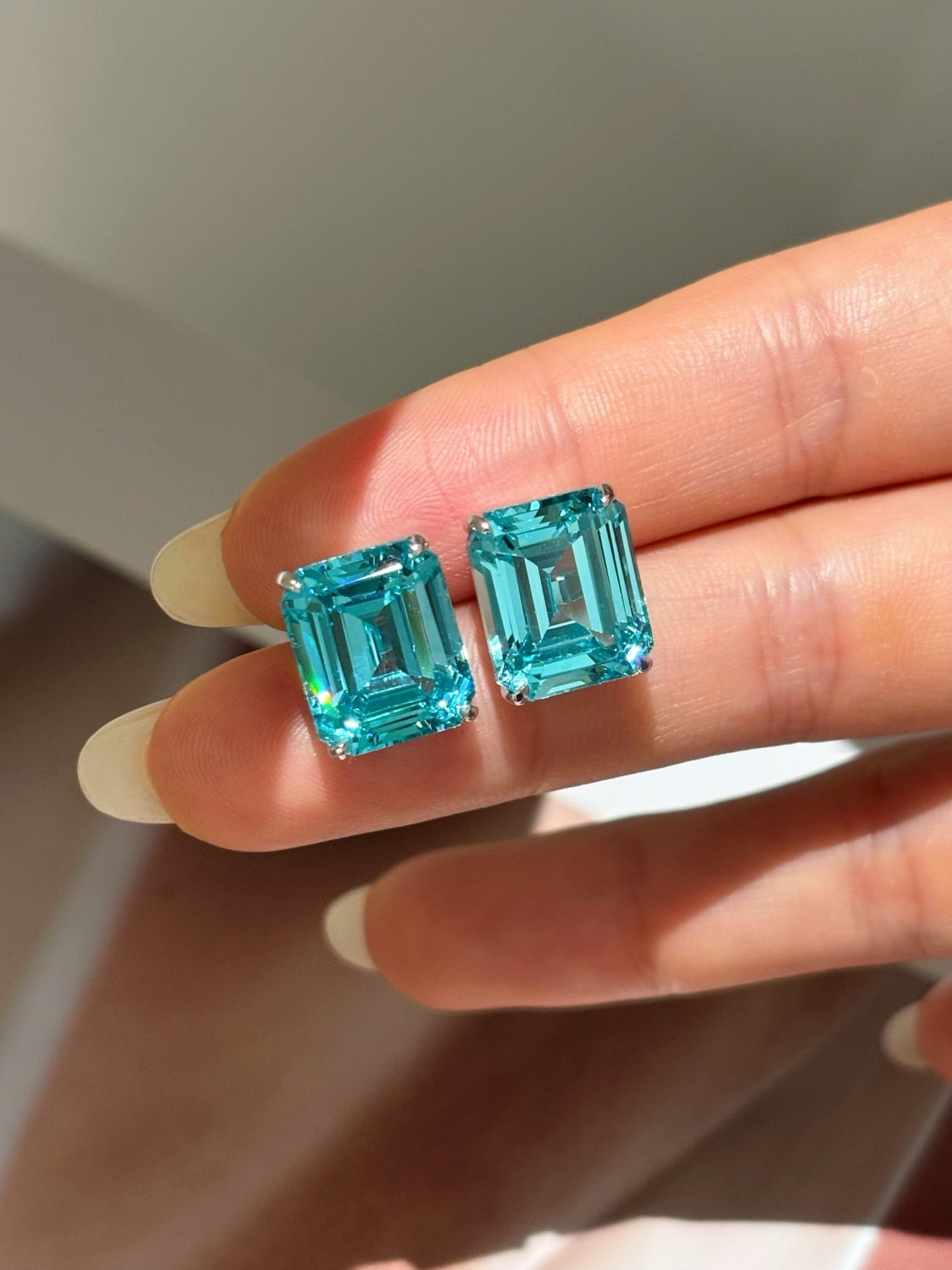 Lab-Grown Paraiba Tourmaline Style Emerald Cut Stud Earrings | 18K Gold