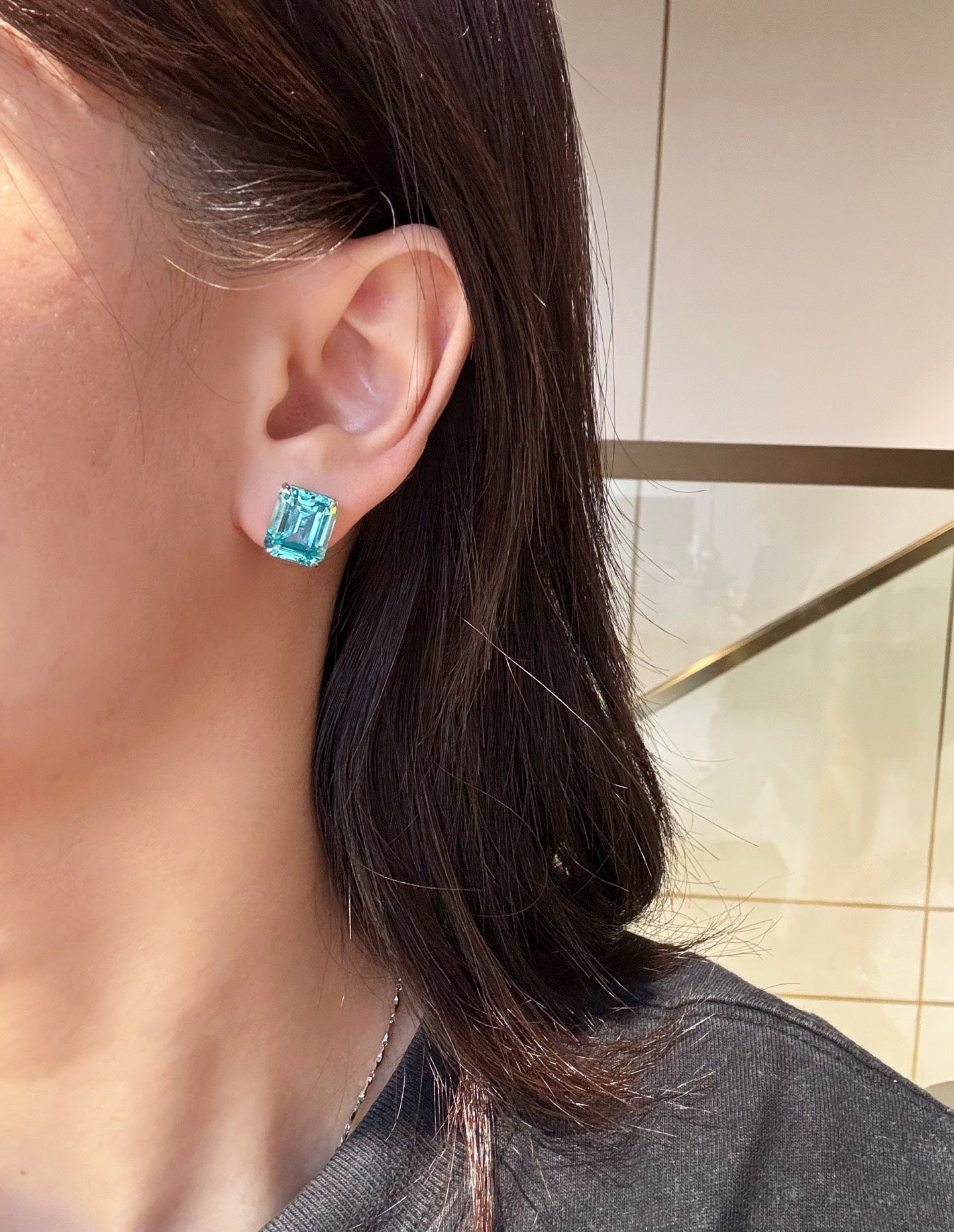 Lab-Grown Paraiba Tourmaline Style Emerald Cut Stud Earrings | 18K Gold