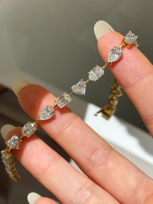 Multi-Cut Lab Grown Diamond Tennis Bracelet | Emerald, Pear, Oval & Heart Shapes | 18K Gold