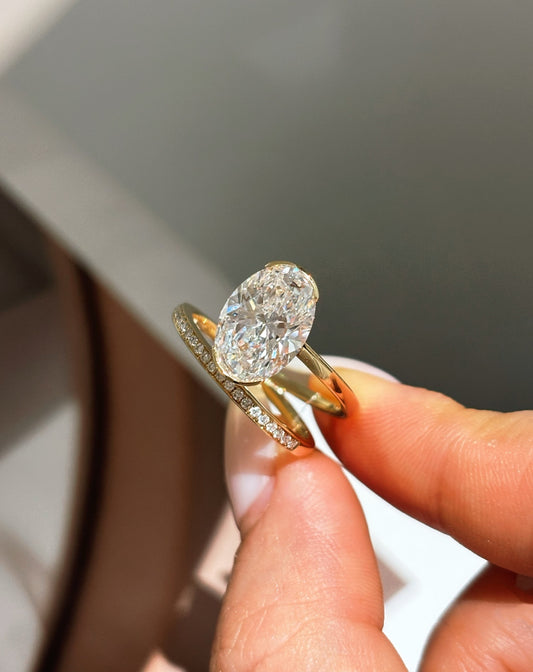 Modern Two-Tier Oval Solitaire Ring | Micro Pave Lab Diamond Wedding Stack Band For Bride | 18K Gold