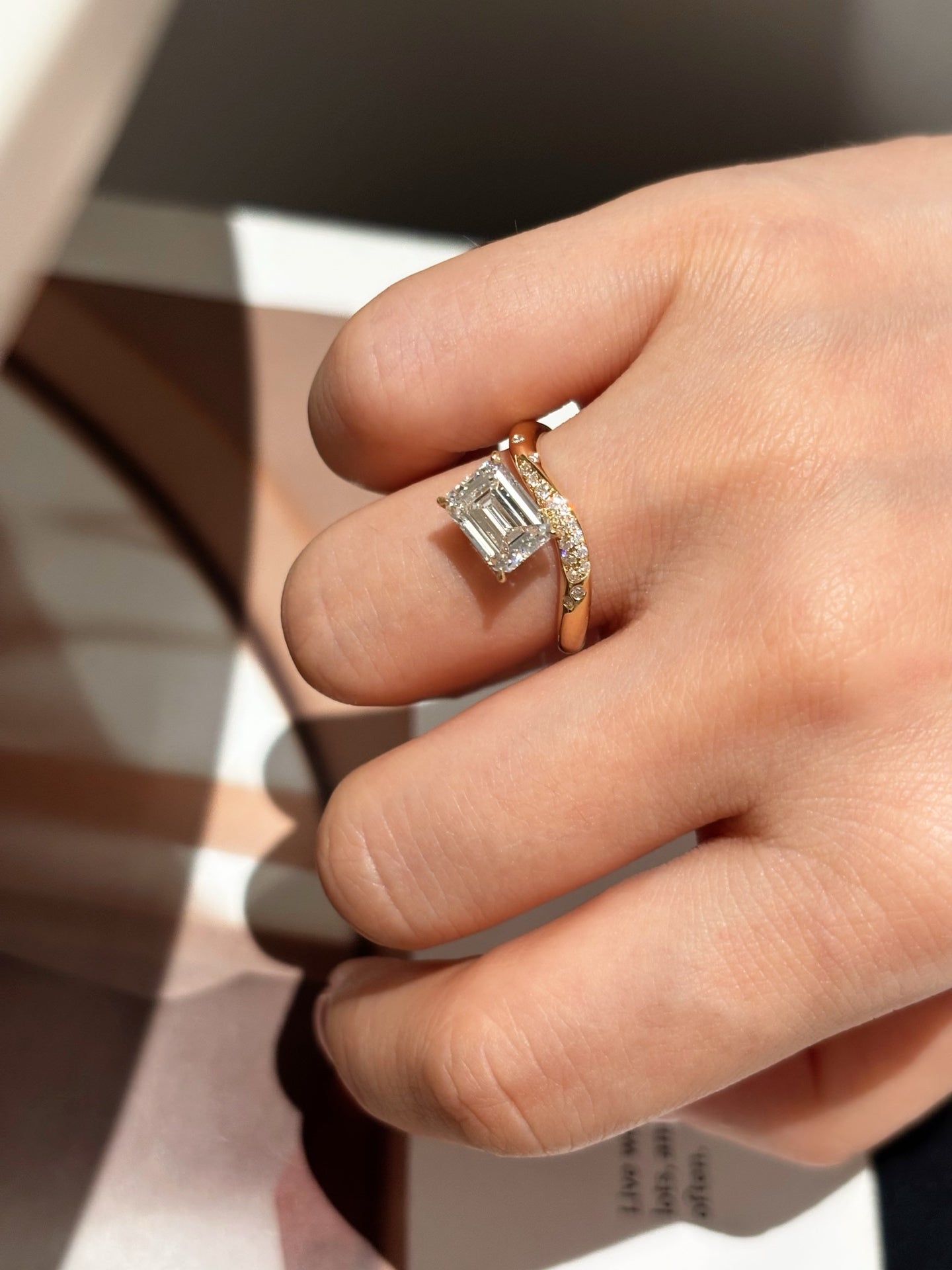 Emerald-Cut Lab-Grown Diamond Engagement Ring | Pavé Twist Band | 18K Gold