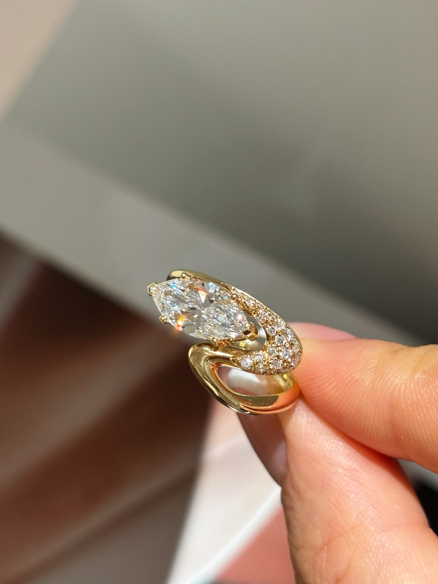 Marquise-Cut Lab-Grown Diamond Bypass Ring with Pavé Accents | 18K Gold